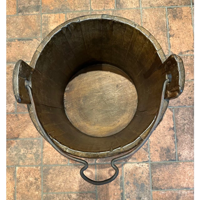 American Vintage Primitive Wood Bucket W/ Blacksmith Forged Handle 14" Tall 13" Diam For Sale - Image 3 of 9