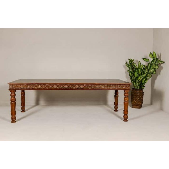 Mid-Century Modern Large Dining Room Table with Carved Apron, Floral Motifs and Turned Legs For Sale - Image 3 of 12