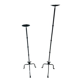 1980s Large Faux Bamboo Wrought Iron Candle Stands-A Pair For Sale