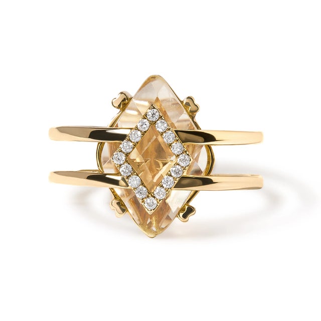 Haus of Brilliance 14K Yellow Gold 15x15 MM Marquise Cut Yellow Topaz and Diamond Accent Statement Cocktail Ring For Sale - Image 4 of 6