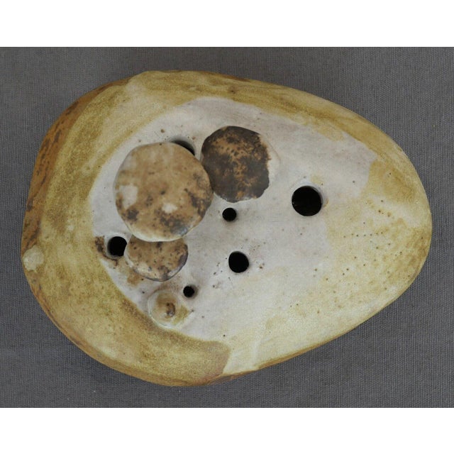 Up for sale is a Vintage Circa 1970 Contemporary Style Stoneware Art Pottery Mushrooms on Rock Weed Pot Vessel! It...