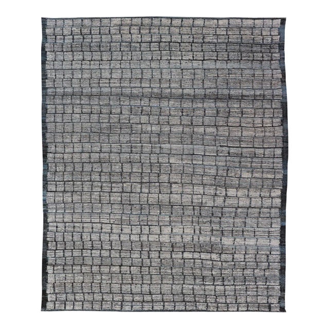 Modern Hand Knotted Rug by Keivan Woven Arts, Steel Blue & White, 9'5" X 11'0 For Sale
