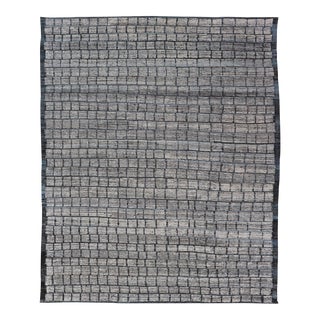 Modern Rug by Keivan Woven Arts in Steel Blue and White Tones With Hi-Low Design For Sale