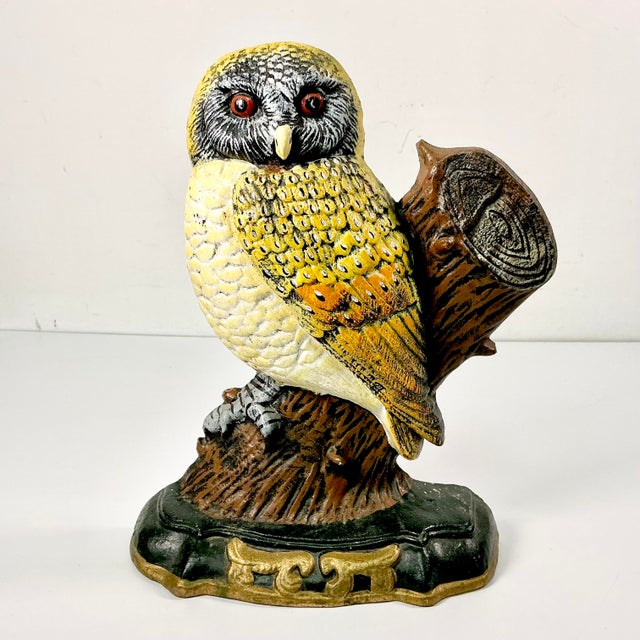Saffron 1940s Vintage Boho Chic Arts & Crafts Farmhouse Cast Iron Owl Doorstop For Sale - Image 8 of 14