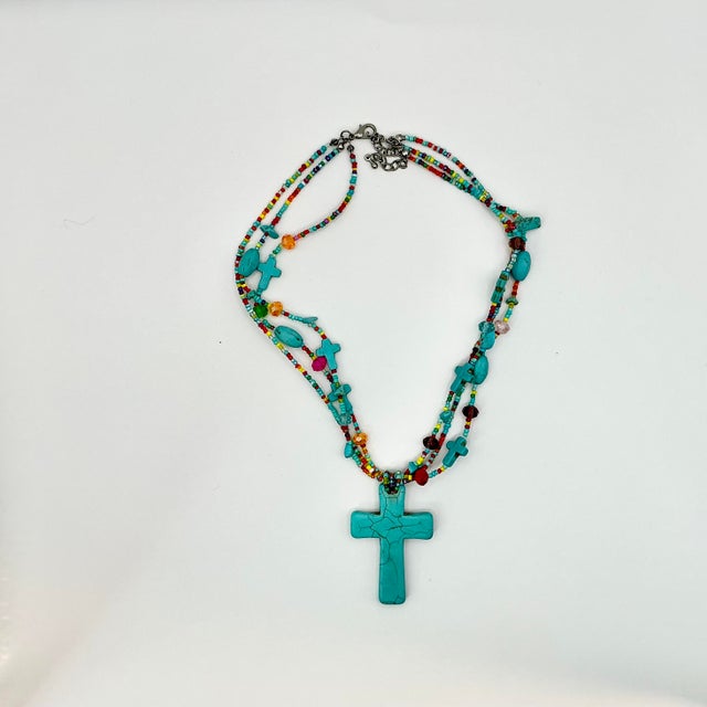 Ralph Lauren .1970s Vintage Southwestern Navajo Boho Chic Faux Turquoise Cross Pennant Beaded Necklace, 22”00 For Sale - Image 4 of 11