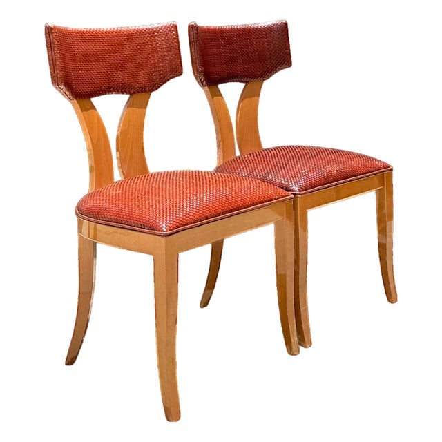 Vintage Wood and Woven Leather Klismos Dining Chairs - Pair For Sale