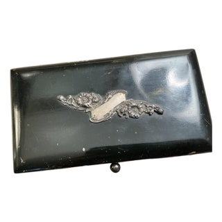 Vintage Black Lacquered Playing Card Box With Silver Cartouche Centerpiece For Sale
