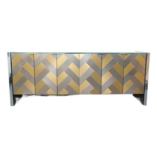 Mid Century Modern Credenza Sideboard Ello Brass Brushed Steel Herribone Drawers For Sale