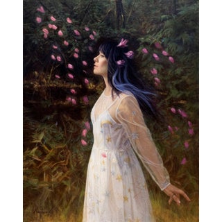 Westwind and Wildflower by Nanci France-Vaz | Oil Painting of a woman in a flowing dress with flowers For Sale