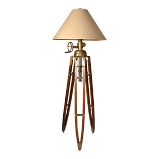1980s Brown Wood Cast Brass Royal Marine Tripod Floor Lamp Shade For Sale