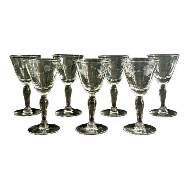 Vintage Etched Port Glasses – Set of 7 | Small Stemware for Liqueur, Vodka, Sherry & Cordial For Sale