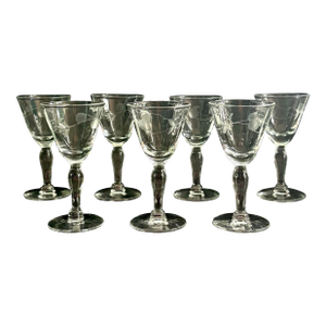 Vintage Etched Port Glasses – Set of 7 | Small Stemware for Liqueur, Vodka, Sherry & Cordial