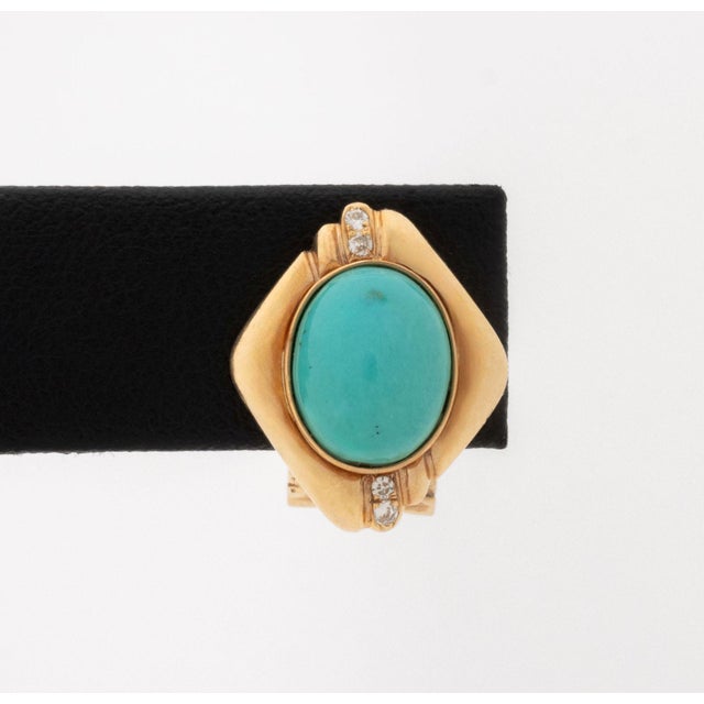 Contemporary Vintage Modernist 14k Yellow Gold and Turquoise Diamond Earrings For Sale - Image 3 of 9