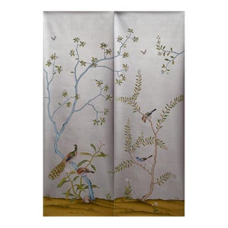 Silver Leaf Hand‑Painted Chinoiserie Mural, Birds & Blossom Floral Wallpaper Panels For Sale