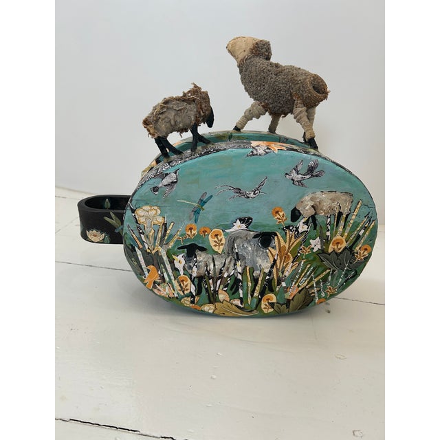 Wonderfully imaginative and whimsical two sided table top sculpture on vintage found object pulley. Folk art hand made...