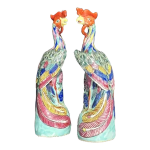 Vintage Asian Chinese Porcelain Phoenix Figures - a Pair