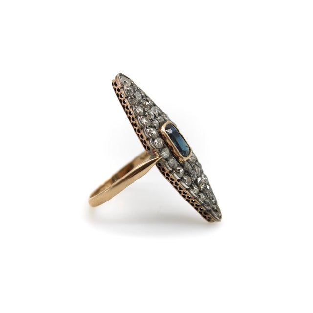 19th Century 14k Gold Early Victorian Navette Ring With Pave Diamonds and Central Sapphire, Size 8.25 For Sale In Los Angeles - Image 6 of 8