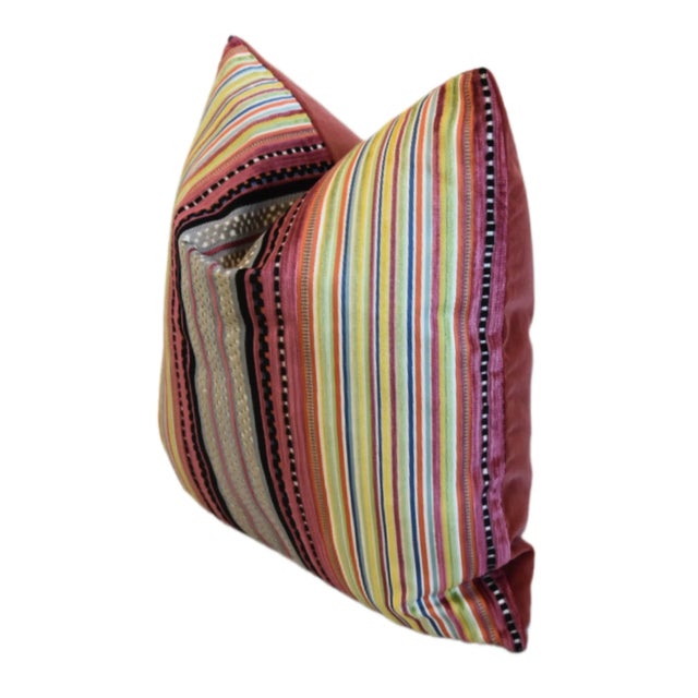 Colorful French Striped Velvet Feather/Down Pillow For Sale In Los Angeles - Image 6 of 9