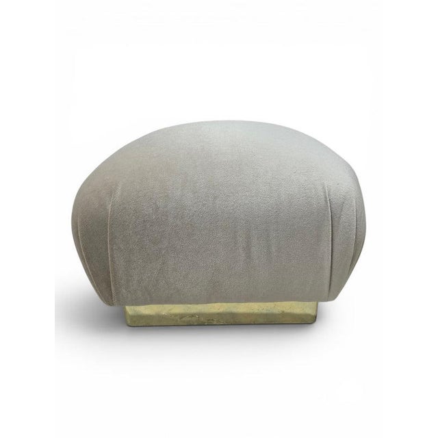 Metal MCM Attributed to Karl Springer Brass Base Pouf Ottoman Newly Reupholstered For Sale - Image 7 of 10