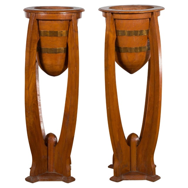 Mid 20th Century Javanese Art Deco Style Teak Wood & Brass Brace Plant Stands - A Pair For Sale - Image 13 of 13