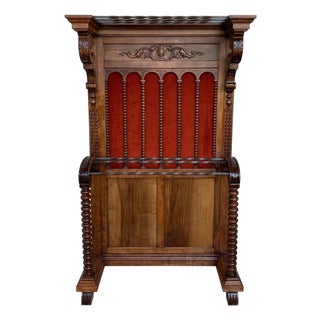 19th Large Carved Spanish Solid Walnut Hall Stand with Red Velvet Back For Sale