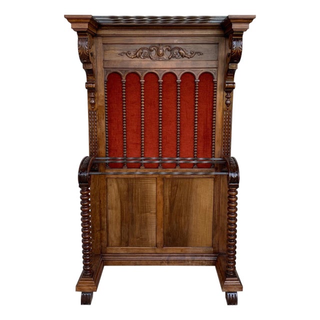 19th Large Carved Spanish Solid Walnut Hall Stand with Red Velvet Back For Sale