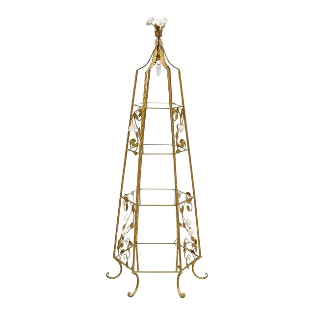 Vintage Italian Hollywood Regency Gold Tole Metal 4 Tier Lighted Etagere Curio For Sale
