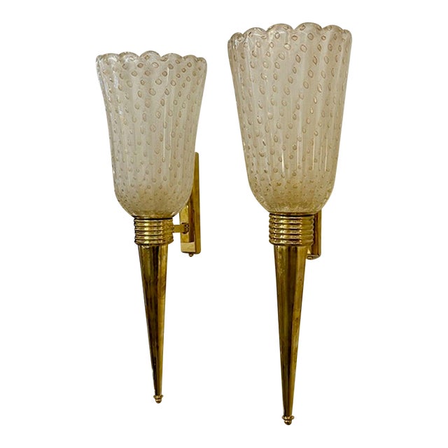 Pair of Modern Brass and Murano Glass Cone Form Sconces For Sale