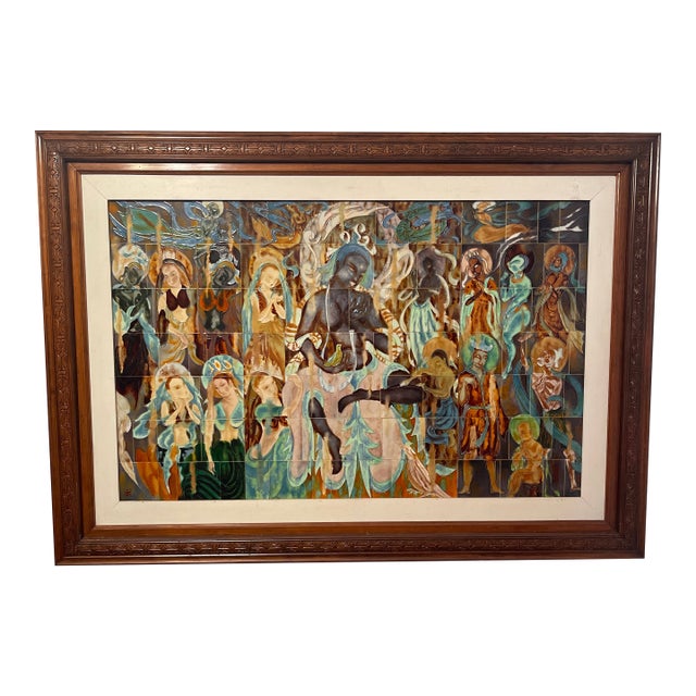 Extra-Large, Mid Century Modern Lin Zhi , Dunhuang Style Ceramic Tile Mural Triptych - 82”x58”x3.5” Signed, 1970’s, India/ Chinese Cave Replica For Sale