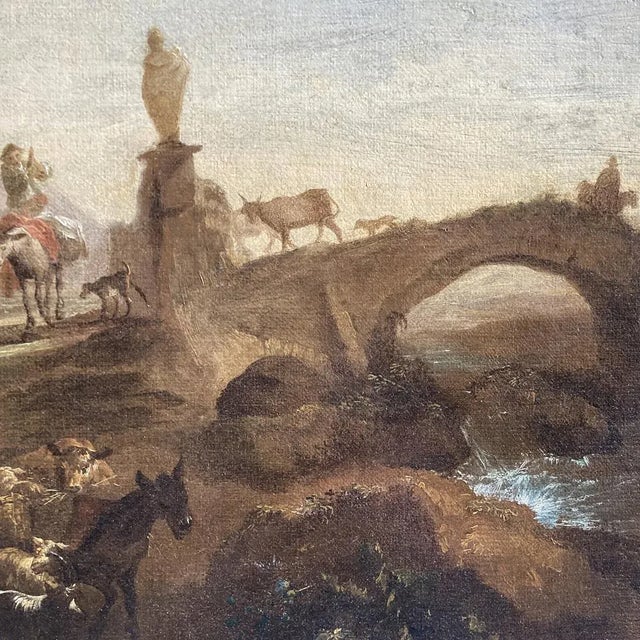 Nicolaes Berchem, Paesaggio Latino con Viandanti e Armenti, 1600s, Oil on Canvas, Framed For Sale - Image 6 of 8