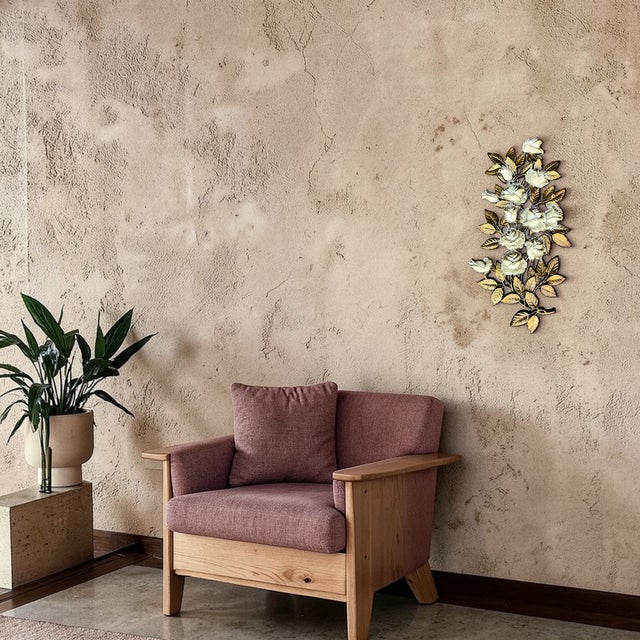 Mid-Century Modern Vintage Mid 20th Century Cream Roses and Gold Leaves Wall Hanging Decor by Homco #7286 For Sale - Image 3 of 11