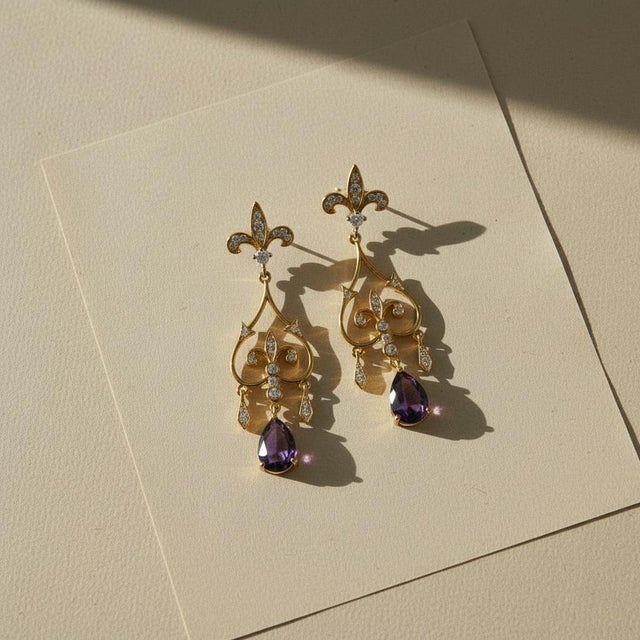 Fleur De Lis Chandelier Earrings Studs With Amethyst in Silver, Gold, A Pair For Sale - Image 6 of 6