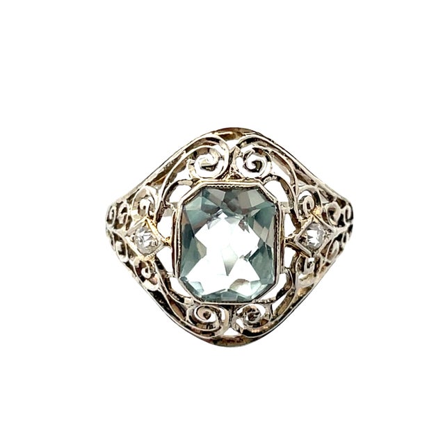 Blue 18k Solid White Gold Aquamarine & Old Mine Cut Diamond Antique Filigree Ring, Size 4.25 For Sale - Image 8 of 8
