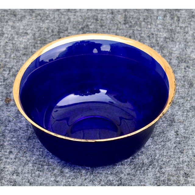 Vintage Cobalt Blue Glass Bowl Gold Rim Textured Pebble Art Glass For Sale - Image 9 of 15
