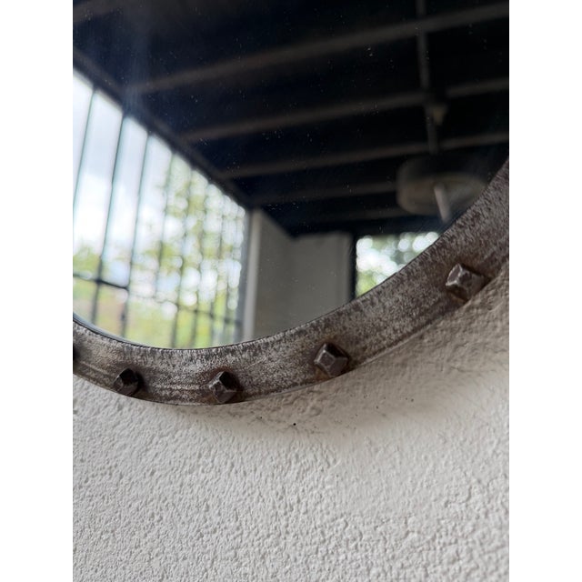 Round Brutalist Wrought Iron Mirror with Nails, 1960s For Sale - Image 11 of 18