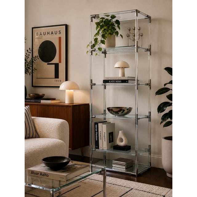 A striking 1970s Mid-Century Modern five-tier étagère inspired by the iconic designs of Charles Hollis Jones. Featuring a...