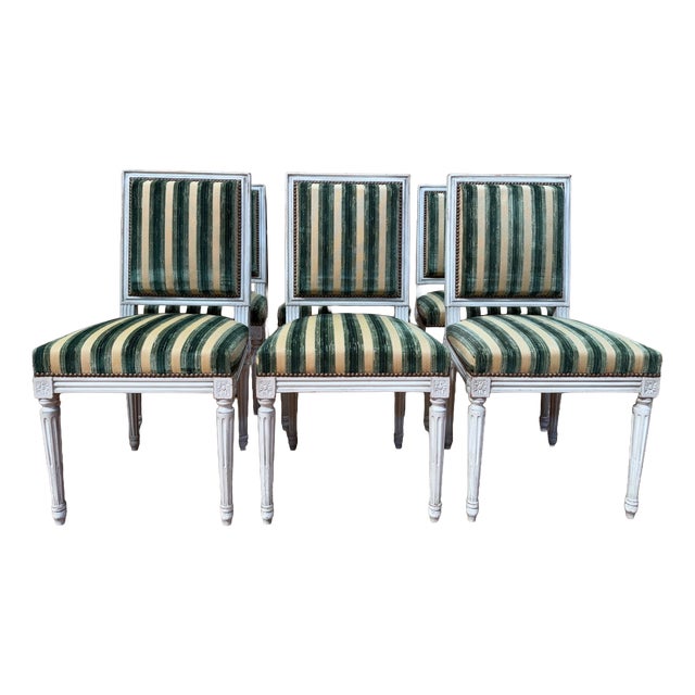 Louis XVI Style Chairs in Painted Wood and Striped Velvet, 1970s, Set of 6 For Sale