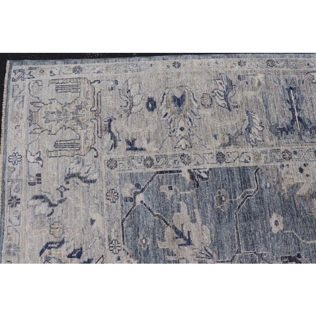 Turkish Angora Oushak Rug With Steel Blue Field and Light Gray Border For Sale - Image 4 of 14