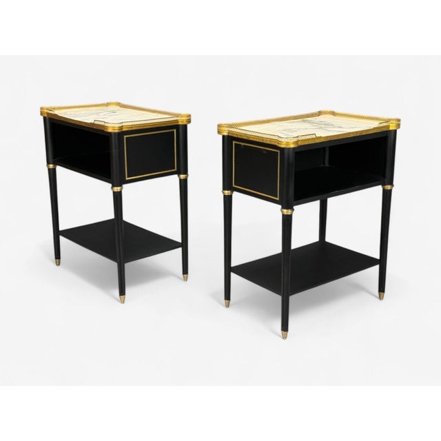 Maison Jansen Style, Hollywood Regency, Brass, Marble, Ebonized Open Nightstands For Sale - Image 4 of 14