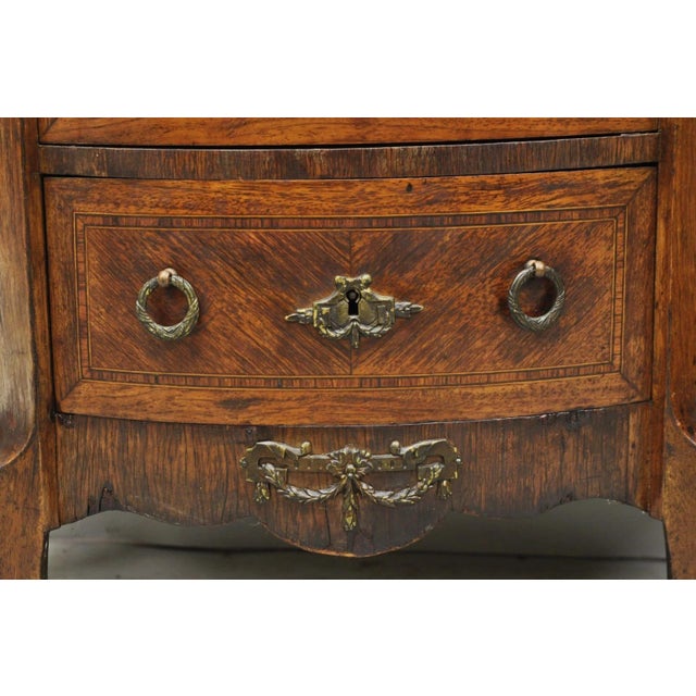 Brown Antique French Louis XV Style Demilune Marble Top 4 Drawer Nightstand Table Pair For Sale - Image 8 of 18