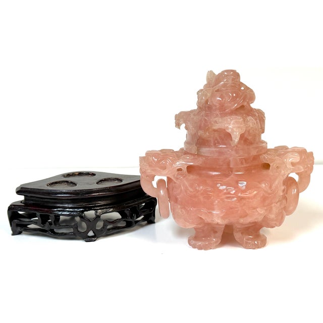 20th C. Chinese Carved Rose Quartz Archaistic Censer with Guardian Lion Finial For Sale In West Palm - Image 6 of 18