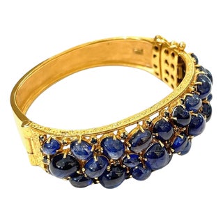 Bochic "Capri" Vintage Blue Sapphire Cabochon Bangle Set in 18K Gold & Silver For Sale