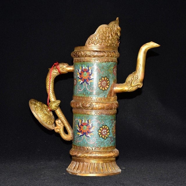 Asian Vintage Asian Cloisonné Gilt Bronze Tibetan Butter Tea Pot - Himalayan Monk's Ewer For Sale - Image 3 of 9