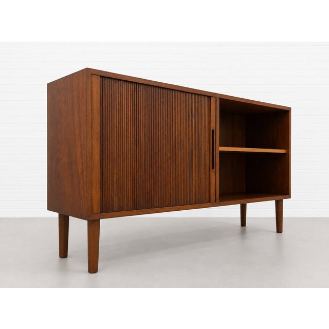 Danish Rosewood Mid Century Modern Credenza | Tambour Door Media Cabinet | Scandinavian Storage Console, C. 1960’s For Sale - Image 10 of 16