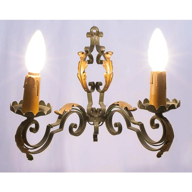 Black Large Chandelier and Sconces attributed to Gilbert Poillerat, 1950s, Set of 3 For Sale - Image 8 of 11