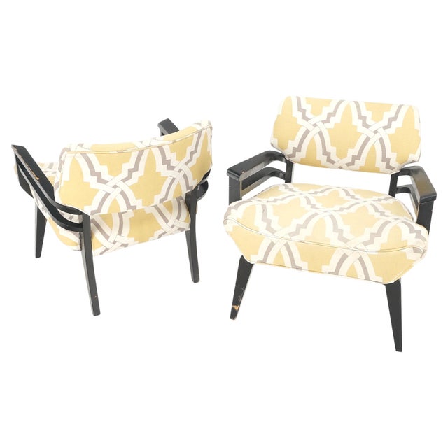 Pair of Mid-Century Modern Black Lacquer Abstract Fabric Lounge Chairs AS IS. Nice design Mid-Century Modern chair good...