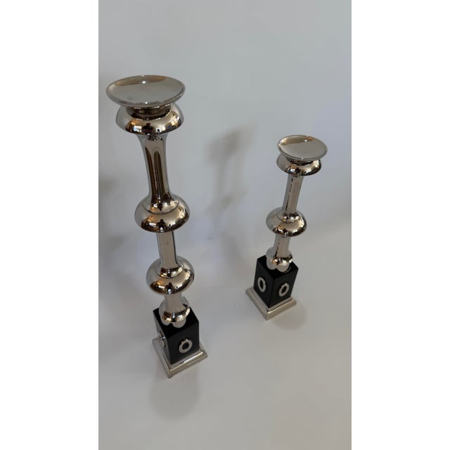 Metal Pair of Global Views Polished Nickel Sculptural Candlesticks, 24.5” & 18.5” For Sale - Image 7 of 11