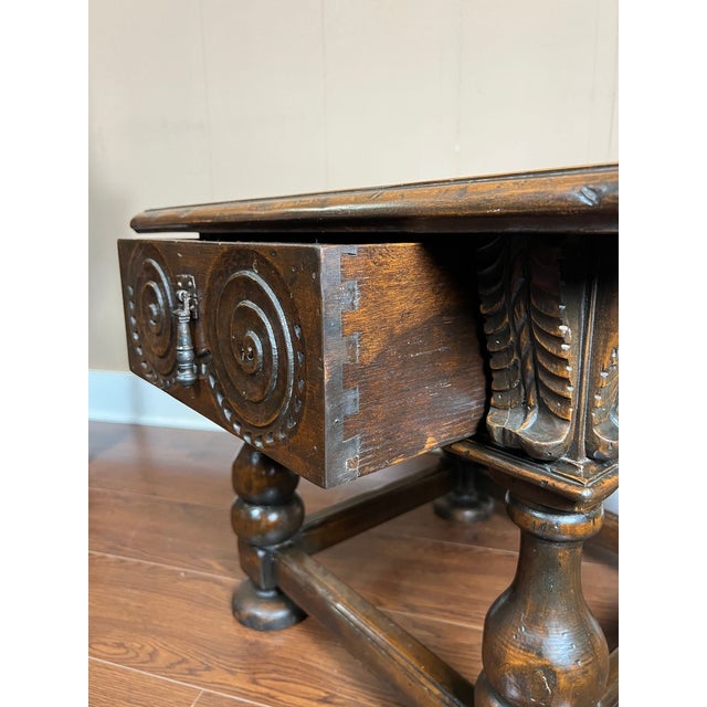 Antique English Side End Table Small Square Carved Oak Jacobean Revival C1910 For Sale - Image 17 of 18