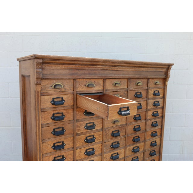 Wood Antique 60-Drawer Solid Oak Apothecary Cabinet | Ventura County Workshop Cabinet For Sale - Image 7 of 18