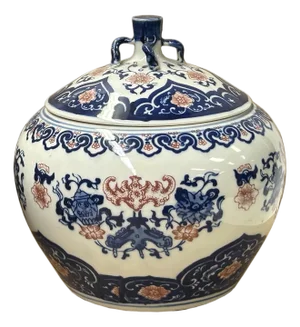 Oriental Blue White Red Symbol Bats Graphic Porcelain Round Container Box